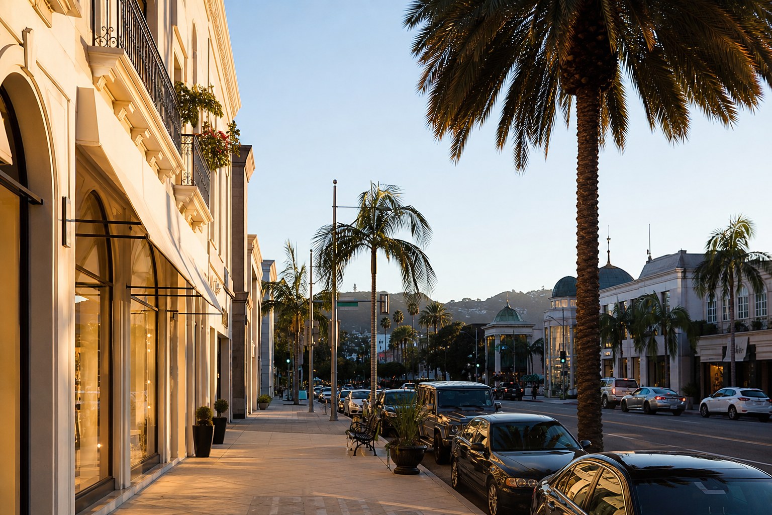 Rodeo Drive in Beverly Hills at golden hour, palm trees and luxury storefronts